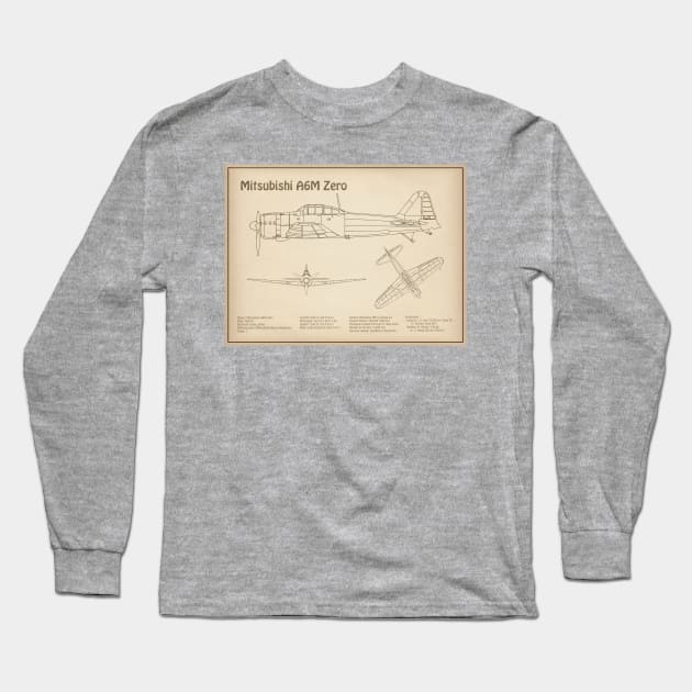 Mitsubishi A6M Zero Airplane Blueprint - SD Long Sleeve T-Shirt by SPJE Illustration Photography